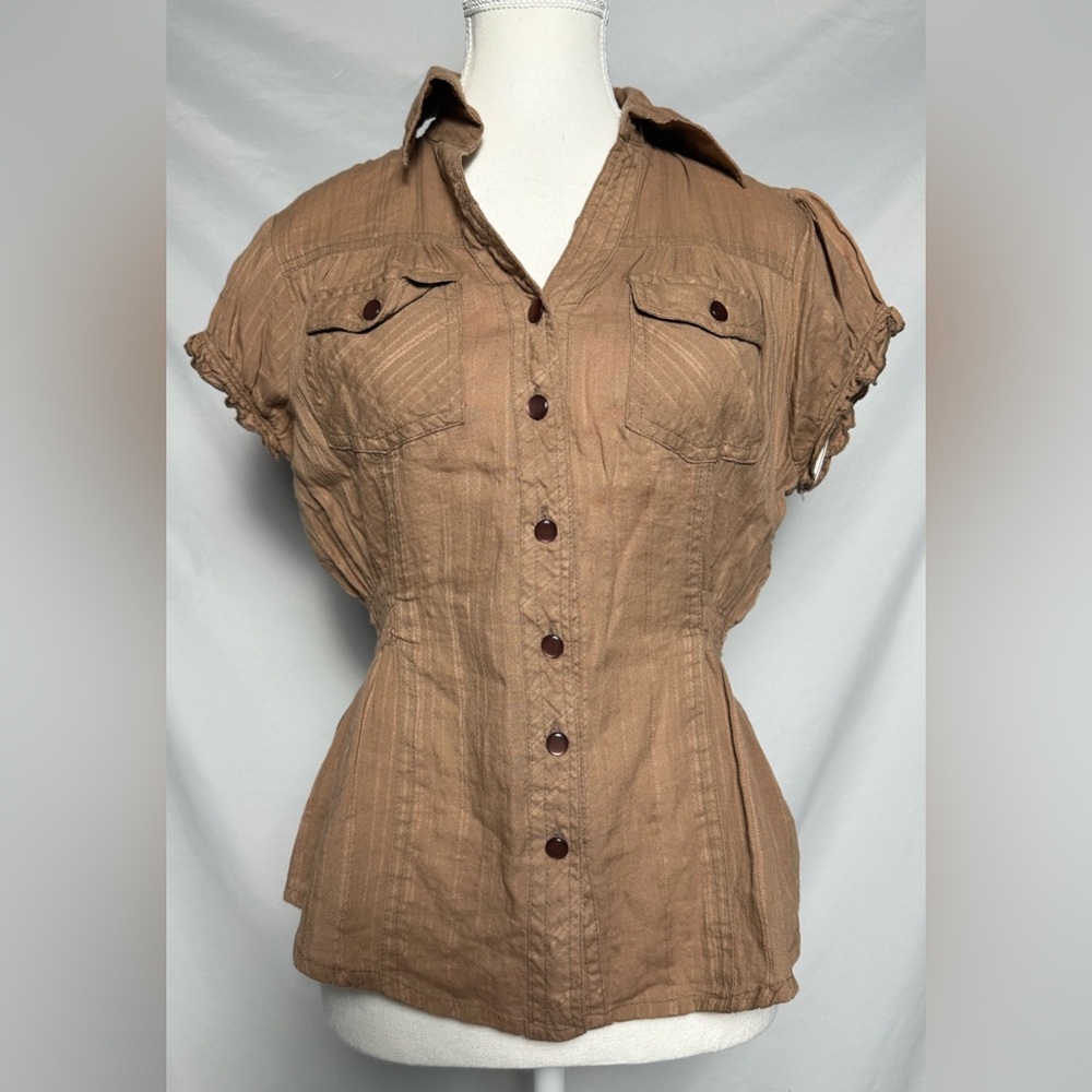 NWD Y2K 100% Cotton Cinched‎ Boho Western Collared Short Sleeve Blouse Size S